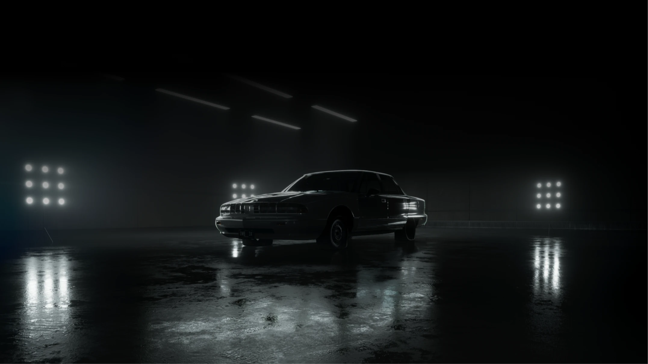 3 quarters hero shot of retro-futuristic sedan in a dark warehouse, spot lit from multiple angles